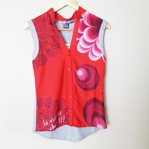Desigual red & gray button down sleeveless shirt